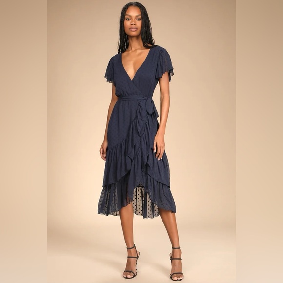 Lulus Dresses & Skirts - Have Harmony Navy Blue Swiss Dot Ruffled Faux Wrap Midi Dress